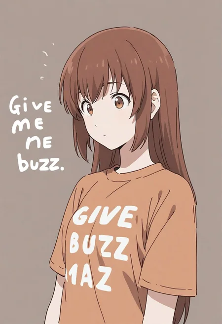 juliet fiammata in a t-shirt with text:"GIVE ME BUZZ!" <lora:text:1>, brown hair, brown eyes