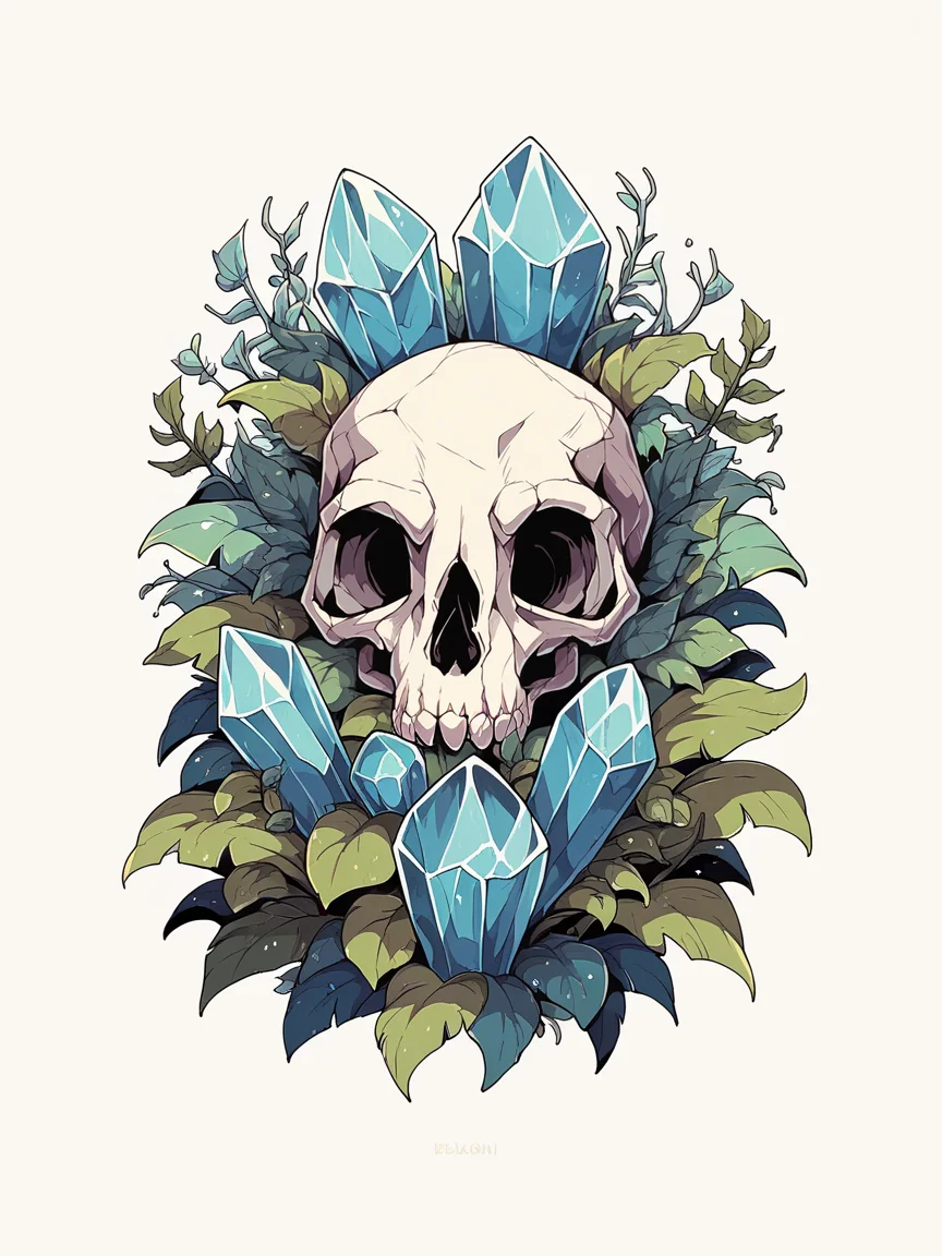 score_9, score_8_up, score_7_up, score_6_up, <lora:l0g0XLP:1> l0g0, <lora:p4st3lg0r3XLP:1> p4st3lg0r3, plant, leaf, crystal, skull