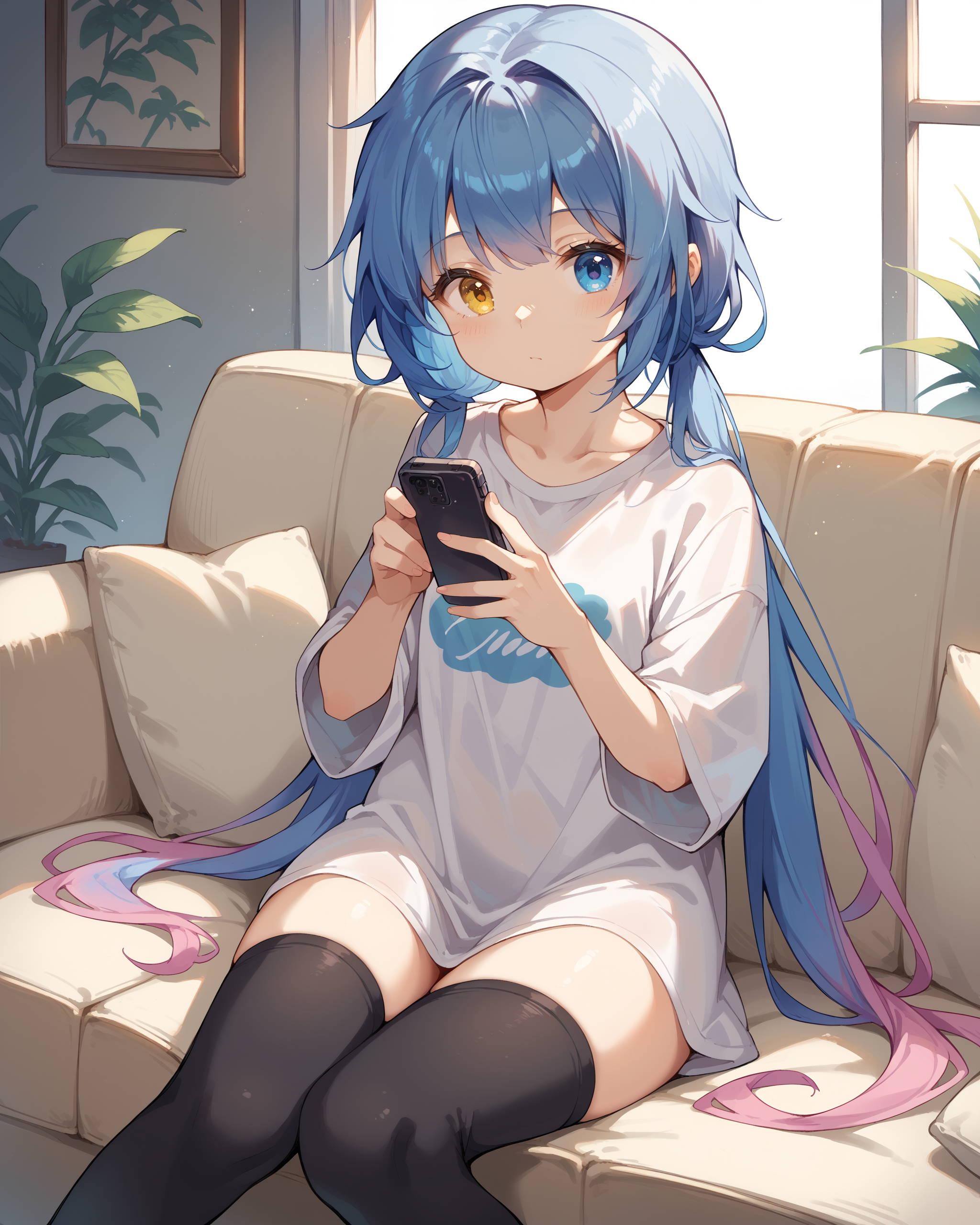 score_9, score_8_up, score_7_up, source_anime, <lora:spp-1v101e18:1> SPP-1, 1girl, solo, long hair, blue hair, low twintails, gradient hair, pink hair, blue eyes, heterochromia, yellow eye,
white oversized shirt, black thighhighs, holding phone,
sitting, on couch,