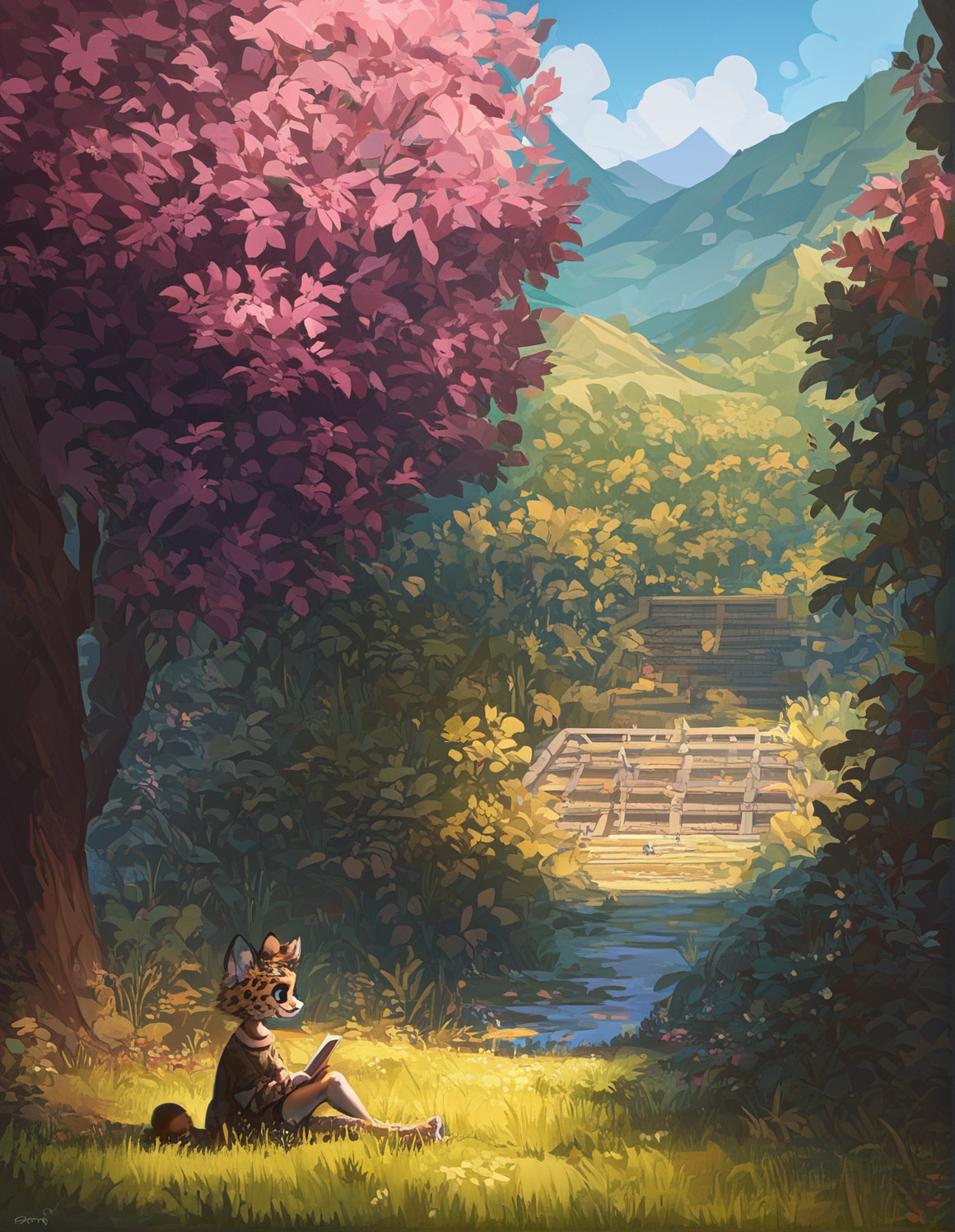 score_9, score_8_up, score_7_up, score_6_up, score_5_up, BREAK, jacato, furry, leopard, sitting reading a book, edge light,crossed arms, smirk, detailed background, country village background, amazing background, (Japan:0.9), grass, flowers, cherry blossom, street, (stack of books:0.5),
<lora:Jacato_-_Art_Style-000007:1.2>,