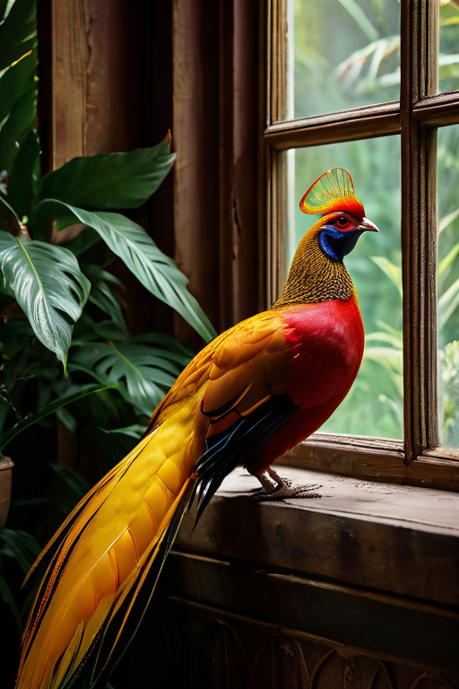 Create a mystical magazine cover featuring a stunning Golden Pheasant perched gracefully on a rustic window ledge. The bird showcases radiant gold and crimson plumage that stands out against the soft, natural light filtering through the glass. Surround the scene with lush greenery visible outside the window, illuminated by morning sunlight that casts a warm, golden glow.

Capture this exotic moment using a Nikon D850 for vibrant details and a Fujifilm X-T4 for rich color. Include elements of a selfie and beautiful flowers to add charm to the composition.



