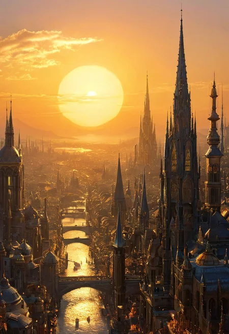 best quality, high quality, masterpiece, perfect composition, intricate details BREAK The city now appeared, and never had it seemed more magnificent, with spires catching the light of sunset, sci-fi, fantasy
