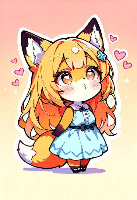 masterpiece, best quality, cute, simple illustration, (fox: 1.2), (cute:1.2), solo, Female fox, adult, fox tail, light orange hair with multicolored ends, colored orange skin, extremly long hair, orange eyes, hair pin, chibi, o3o, imminent kiss, heart pupils, hearts, in love, dress