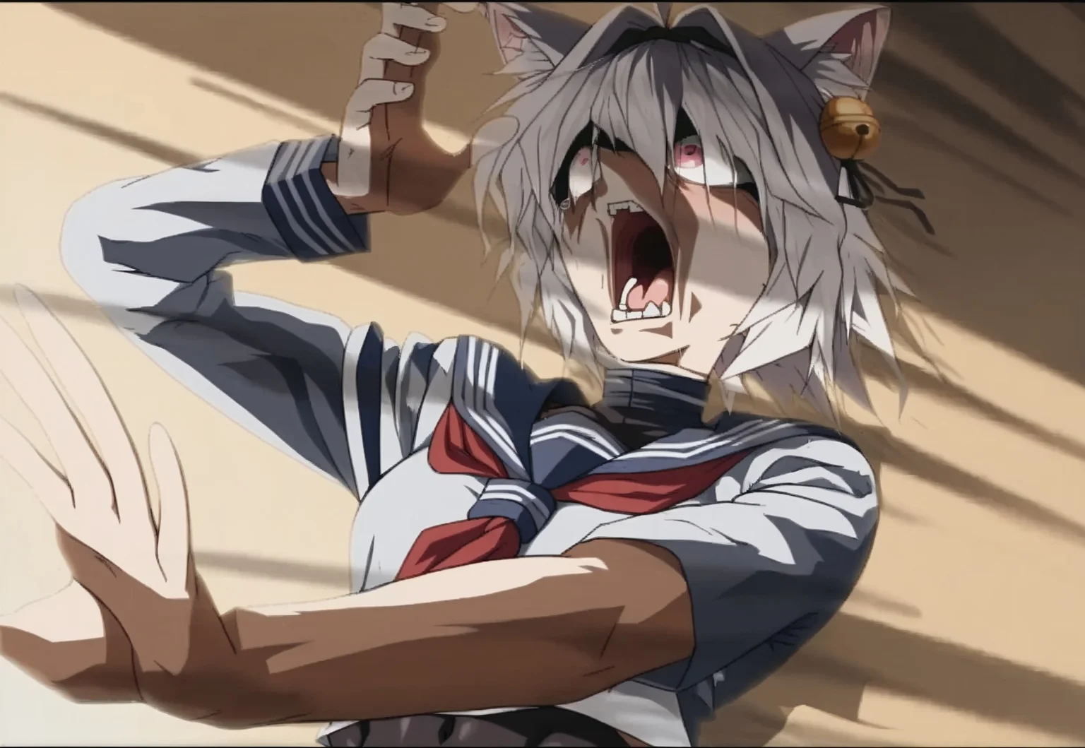 score_9, score_8_up, score_7_up, source_anime,1girl, solo, FilianSailor, tail, short hair, hairclip, hair bell, serafuku, red neckerchief, swimsuit under clothes, covered navel, blue skirt, black thighhighs,
kaibanodef, open mouth, upper body, teeth, screaming, parody, Expressiveh,