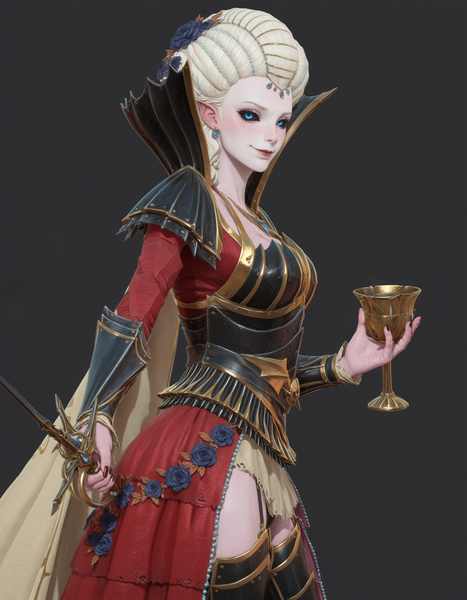 masterpiece, good quality, best quality, 2d, looking at viewer, solo, black sclera, blue eyes, white skin,
IsabellaVonCarstein, seductive smile, cowboy shot, holding rapier, holding chalice, 
<lora:IsabellaVonCarstein_Vpred:0.8>
