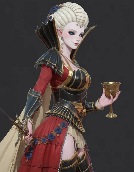 masterpiece, good quality, best quality, 2d, looking at viewer, solo, black sclera, blue eyes, white skin,
IsabellaVonCarstein, seductive smile, cowboy shot, holding rapier, holding chalice, 
<lora:IsabellaVonCarstein_Vpred:0.8>