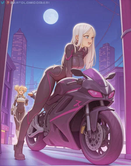 <lora:_bartolomeobari_NAIXL:1.1> art by bartolomeobari, artist:bartolomeobari, score_9, score_8_up, score_7_up, best quality, masterpiece, uncensored, Two girls are standing in front of a futuristic city with one of them riding on a motorcycle. The girl on the motorcycle is wearing a black bodysuit and has short white hair. She is looking at the other girl who is standing next to her with long blonde hair and blue eyes. The scene takes place at night time with the moon visible in the sky above the buildings.