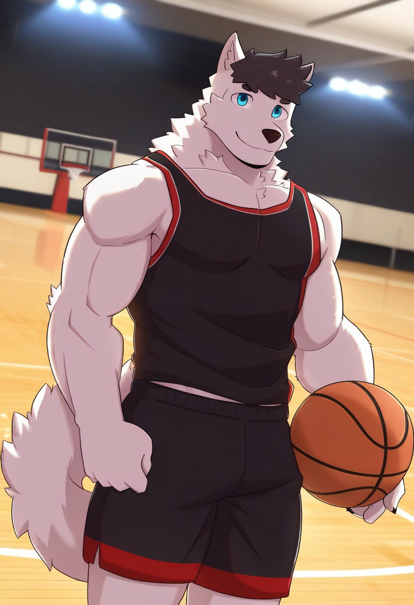 <lora:GabeV2:1>, gabe, wolf boy, short hair, black hair, wolf tail, blue eyes, perfecteyes, muscular male, bara, athletic build, furry male, furry, solo, 1boy, beautiful, hyper-detailed, highres, amazing quality, very aesthetic, dynamic lighting, detailed background, basketball court, black tank top, black shorts, cowboy shot, dynamic angle, smile, face focus, close up, portrait, holding basketball