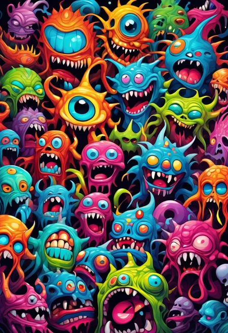 A colored painting of, a bunch of colorful monsters on a black background, scary detailed art in color, psychedelic art style, epic background, psychedelic artwork, vibrant cartoon art, colorful character faces, nychos art aesthetic, scary art in color, trippy art, scary magical background, graffiti background, scary color art in 4k, epic
Jed-Splash
