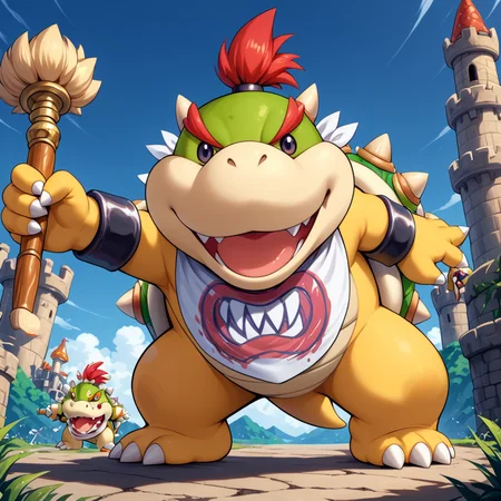 <lora:Bowser_Jr_XL:.8> bwsrjr, open mouth, teeth, standing on castle, black pupils, bowser jr., holding BIG staff paintbrush,, (anime, masterpiece, intricate:1.3), (best quality, hires textures, high detail:1.2), (4k),(incredibly detailed:1.4),UHD, 8K, ultra detailedâââ