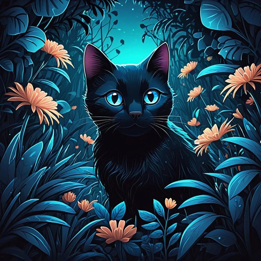 a black cat that is hiding in the bushes, behance art,
cool blue night color palette, love and cute, dream animal cute
eyes, inspired by Isaac Grunewald, anime nature wallpap, in
a dark flower wal, by carson ellis, bioluminescense glowing
flowers, dense lush forest at night, by Emma Andijewska, dark
vignette