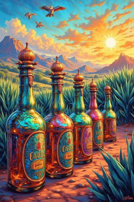 YFG-Sm0rg, YFG-Zaat, An oil painting in the Henri Edmond Cross style, depicting a vibrant Mexican landscape. In the foreground, a row of anodized tequila bottles shines under the warm sun, set against the backdrop of lush agave fields and distant mountains. The scene is bathed in vibrant colors with pointillist brushstrokes, capturing the essence of the Mexican countryside