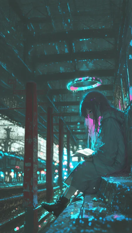 masterpiece, newest,absurdres,incredibly absurdres, best quality, amazing quality, very aesthetic,
1girl, sitting, long flowing hair, fractured halo, abandoned train station, symbolic, cold color palette, ambient light, quiet tension, reading,colorful bokeh, blurry,
 <lora:svevsty:1> svevsty <lora:USNR_STYLE_ILL_V1_lokr3:1> usnr