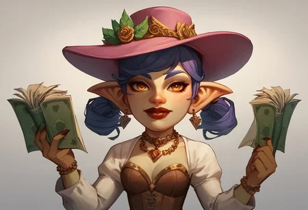 score_9, score_8_up, score_8. score_9, score_8_up, score_7_up, masterpiece, 4k, high quality, (best quality:1.1),anime, beautiful drawing, A flamboyantly adorned male goblin, holding a stack of money in his hands, is dressed in pimp attire consisting of a stylish pink overcoat, a pink fedora hat, and a golden dollar necklace. This vivid image, whether a painting or photograph, showcases the goblin's extravagant outfit in rich detail, portraying him as a symbol of ostentatious wealth and flamboyant fashion. The intricate design and vibrant colors of his attire bring an air of opulence and extravagance to the scene, capturing the viewer's attention with its high-quality depiction.