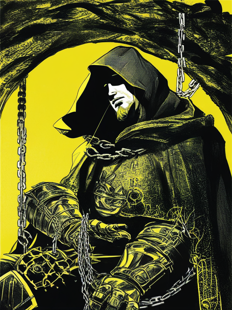 source_comic, score_9, score_8_up,morkborg, male focus, solo,  1boy,  hood, facial hair, chain, cloak, armor, bright colors , yellow background,  yellow theme, flat color, cel shading, lineart, crosshatching,  monochrome,  <lora:MorkBorgPDXL:0.75>