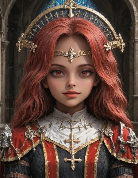 (masterpiece), best quality, expressive eyes, portrait, perfect face, full body, J0hanna, armor, dark skin, church, temple, cathedral, red eyes, red hair, <lora:310626bb-9c18-4ef8-9ae8-7fbc5f7f2153:1.0>, <lora:743ab114-2dc7-4a68-a995-0d3c9dc174a0:0.7>, <lora:584554b1-5638-4ae3-a13c-f32e986cc10d:1.0>, <lora:a227fa2e-3749-476d-a8e5-79e96ce5d965:1.0>, <lora:52491d77-b404-4ccf-aa99-0b52a94f40d9:0.7>, <lora:ad0c5883-1b5c-4dce-8ce4-394127d875c5:0.9>