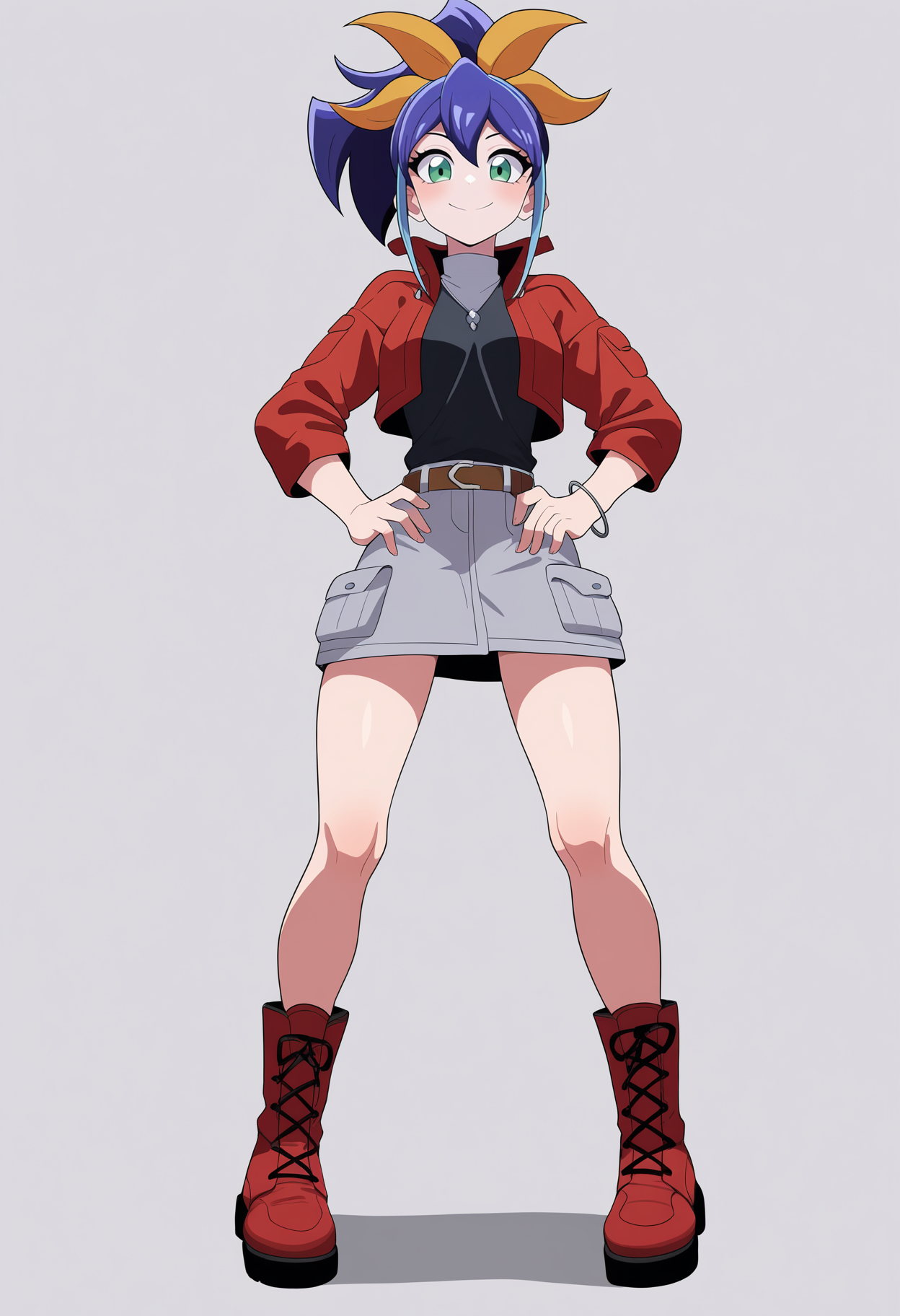 best quality, amazing quality, very aesthetic, absurdres, thick lineart,
1girl, celina, blue hair, ponytail, multicolored hair, hair bow, two-tone hair, green eyes,
red jacket, grey skirt, belt, bracelet, black shirt, boots,
standing, hands on hips, full body,
smile, looking at viewer, solo, simple background, white background,  <lora:CelinaSerenaNoobXL_byKonan:1>