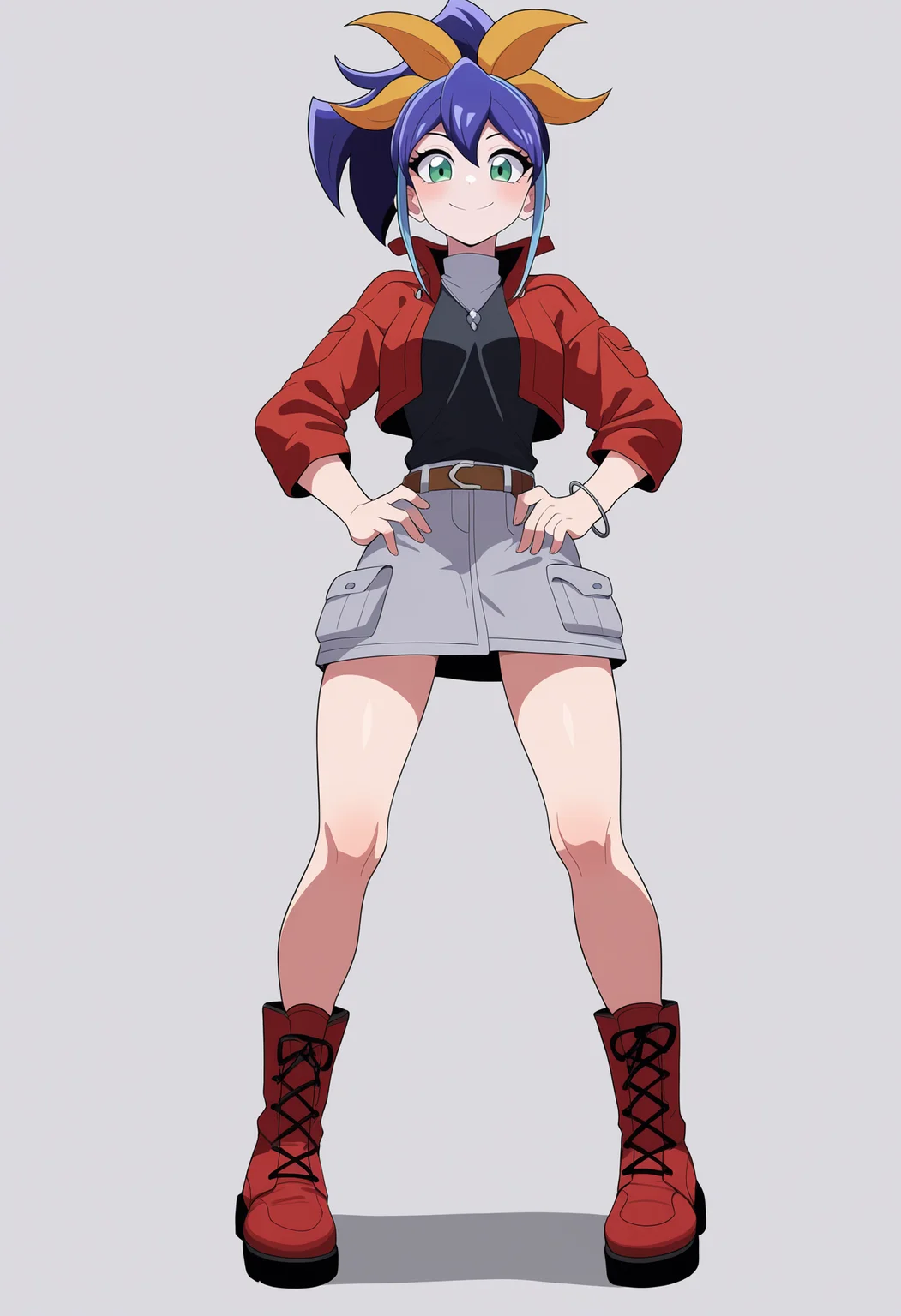 best quality, amazing quality, very aesthetic, absurdres, thick lineart,
1girl, celina, blue hair, ponytail, multicolored hair, hair bow, two-tone hair, green eyes,
red jacket, grey skirt, belt, bracelet, black shirt, boots,
standing, hands on hips, full body,
smile, looking at viewer, solo, simple background, white background, <lora:CelinaSerenaNoobXL_byKonan:1>