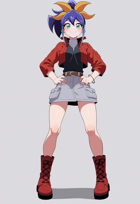 best quality, amazing quality, very aesthetic, absurdres, thick lineart,
1girl, celina, blue hair, ponytail, multicolored hair, hair bow, two-tone hair, green eyes,
red jacket, grey skirt, belt, bracelet, black shirt, boots,
standing, hands on hips, full body,
smile, looking at viewer, solo, simple background, white background,  <lora:CelinaSerenaNoobXL_byKonan:1>