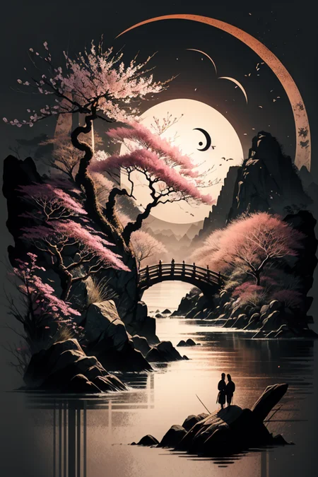 <lora:Calligraphy-ink-style-darquelilly-v1:1> calligraphyinkstyle, ying and yang, cherry blossoms, volumetric lighting, night time, moonlight black background