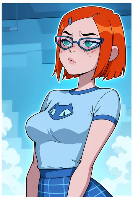 <lora:gwennerd-10:1> gwennerd, 1girl, solo, medium breasts, glasses, orange hair, short hair, hairclip, blue-framed eyewear, blue shirt, short sleeves, freckles, blue skirt, plaid skirt, green eyes, big mouth, blue background, masterpiece, best quality, amazing quality, very aesthetic, absurdres, newest,, upper body, halftone effect, white borders, abstract background:1.2,