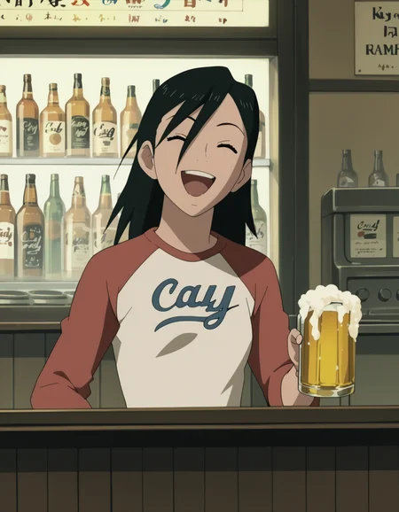 score_9,  score_8_up, score_7_up, <lora:izumi-maho-prodigy-ponyxl-000008:1> minamimaho, raglan sleeves, 1girl, beer, closed eyes, open mouth, happy, counter