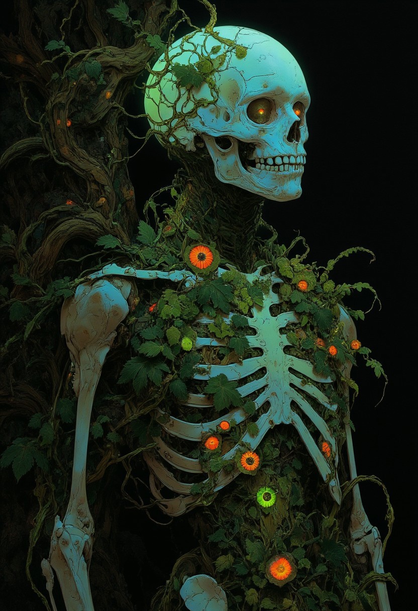 A translucent, skeletal forest spirit hovers playfully in front of a towering, ancient oak, its gnarled bark draped in lush green moss. This ethereal being embodies the spirit of the woodland, with a skeletal frame resembling an otherworldly creature, reminiscent of a gentle giant or a fey animal. Its elegant bones shimmer with a soft green luminescence, casting a serene glow around it.
The spirit’s form is wispy yet distinct, with delicate, ghostly tendrils resembling vines cascading from its skeletal structure, intertwining with the vibrant flora that surrounds it. Intricate patterns of shimmering blue and iridescent green dance across its bones, mimicking the flourishing plants that thrive nearby.
Its hollow eye sockets glimmer faintly, suggesting a profound connection to the forest's life force, while small, glowing herbs and whimsical flowers sprout directly from its bones, infusing the scene with vibrant colors. As it floats, tiny spores drift around it like playful fireflies, enhancing the magical atmosphere.
This skeletal forest spirit exudes a warm, nurturing energy, embodying the delicate balance of life and decay within the woods. It stands as a guardian of nature’s secrets, inviting all to share in its enchanting presence and embrace the wonder of the forest.