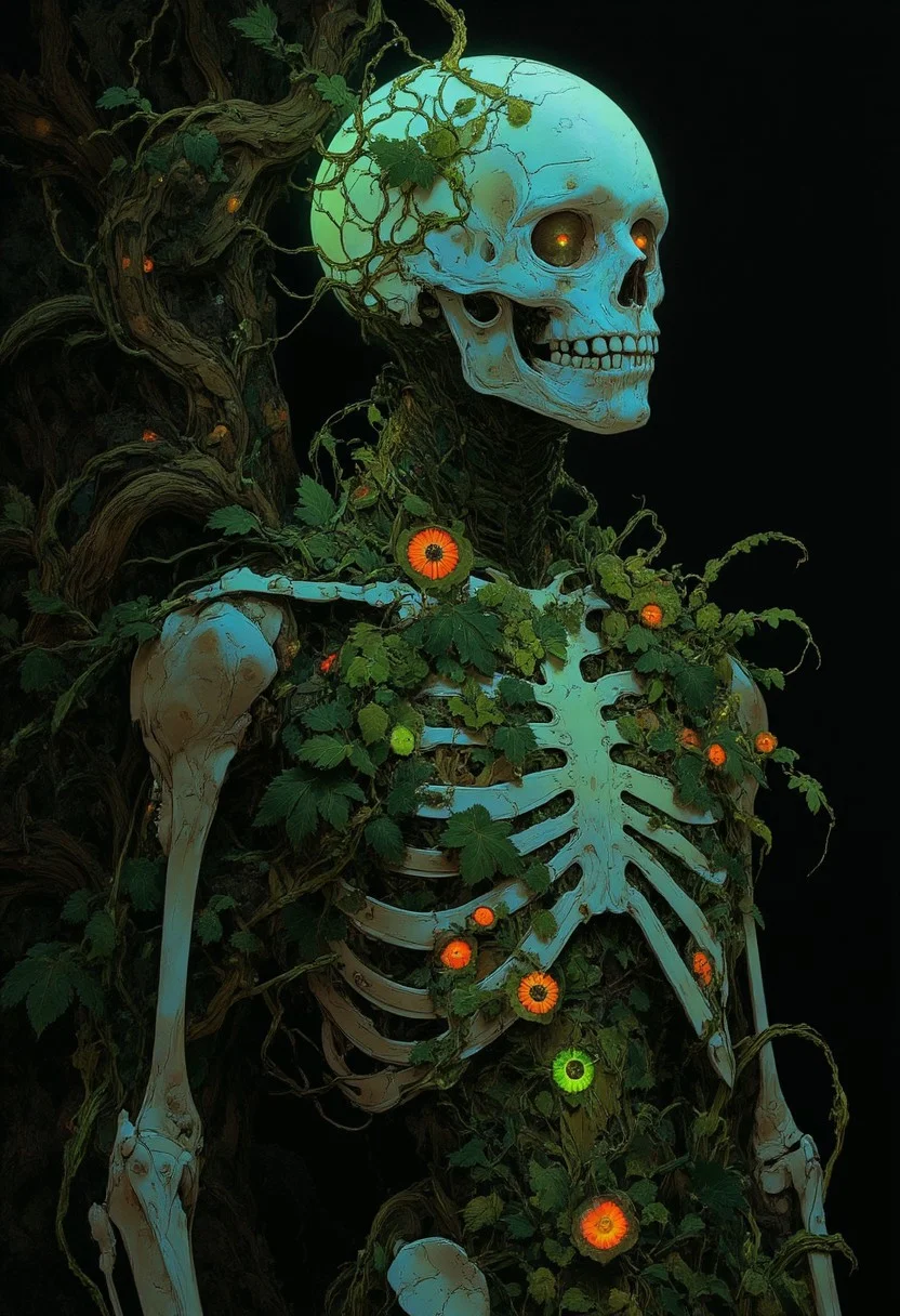 A translucent, skeletal forest spirit hovers playfully in front of a towering, ancient oak, its gnarled bark draped in lush green moss. This ethereal being embodies the spirit of the woodland, with a skeletal frame resembling an otherworldly creature, reminiscent of a gentle giant or a fey animal. Its elegant bones shimmer with a soft green luminescence, casting a serene glow around it.
The spirit’s form is wispy yet distinct, with delicate, ghostly tendrils resembling vines cascading from its skeletal structure, intertwining with the vibrant flora that surrounds it. Intricate patterns of shimmering blue and iridescent green dance across its bones, mimicking the flourishing plants that thrive nearby.
Its hollow eye sockets glimmer faintly, suggesting a profound connection to the forest's life force, while small, glowing herbs and whimsical flowers sprout directly from its bones, infusing the scene with vibrant colors. As it floats, tiny spores drift around it like playful fireflies, enhancing the magical atmosphere.
This skeletal forest spirit exudes a warm, nurturing energy, embodying the delicate balance of life and decay within the woods. It stands as a guardian of nature’s secrets, inviting all to share in its enchanting presence and embrace the wonder of the forest.