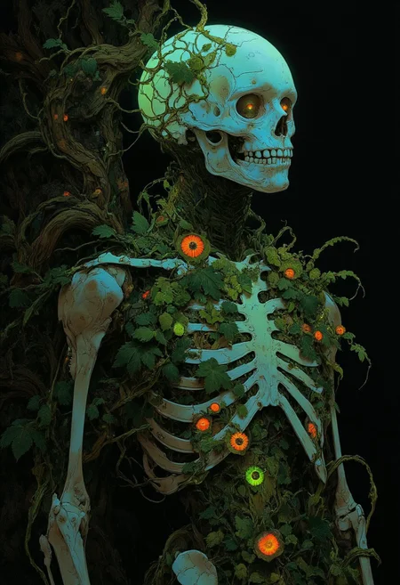 A translucent, skeletal forest spirit hovers playfully in front of a towering, ancient oak, its gnarled bark draped in lush green moss. This ethereal being embodies the spirit of the woodland, with a skeletal frame resembling an otherworldly creature, reminiscent of a gentle giant or a fey animal. Its elegant bones shimmer with a soft green luminescence, casting a serene glow around it.
The spirit’s form is wispy yet distinct, with delicate, ghostly tendrils resembling vines cascading from its skeletal structure, intertwining with the vibrant flora that surrounds it. Intricate patterns of shimmering blue and iridescent green dance across its bones, mimicking the flourishing plants that thrive nearby.
Its hollow eye sockets glimmer faintly, suggesting a profound connection to the forest's life force, while small, glowing herbs and whimsical flowers sprout directly from its bones, infusing the scene with vibrant colors. As it floats, tiny spores drift around it like playful fireflies, enhancing the magical atmosphere.
This skeletal forest spirit exudes a warm, nurturing energy, embodying the delicate balance of life and decay within the woods. It stands as a guardian of nature’s secrets, inviting all to share in its enchanting presence and embrace the wonder of the forest.