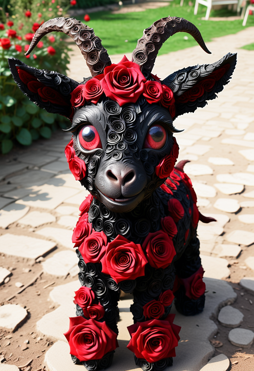 BL4CKR3DR0S3S, a cute goat is made from black and red roses, detailed face, (big eyes:0.9), detailed eyes, (smile:1.1), long eye lashes, located in an garden