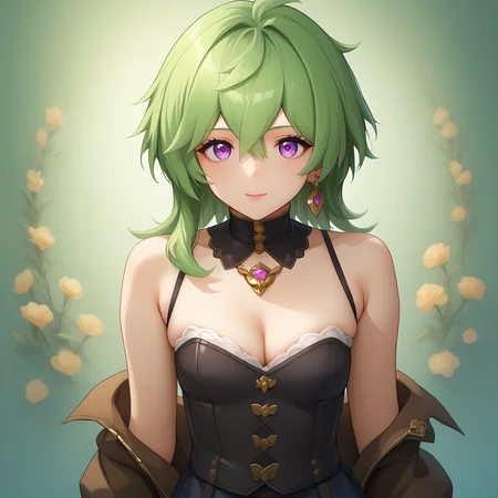 (detailed background:1.5),score_9,score_8_up,score_7_up,score_6_up,source_anime,anime style,1girl,<lora:StS_PonyXL_Detail_Slider_v1.4_iteration_3:1>,
<lora:Nipple Size Slider_alpha1.0_rank4_noxattn_last:-0.5>,<lora:d3t41l3dXLP:0.3>,<lora:m0njy4XLP:0.5>,<lora:susamix010-pony:0.3>,<lora:cutecorestyle:0.3>,cute,kawaii,<lora:age_slider_v4:1>,mature female,<lora:Tight_corset:0.7>,tight_clothes,tight_corset,(skindentation),cleavage,<lora:Collei_v1:1>,colleidef,green hair,medium hair,purple eyes,hair between eyes,earrings,looking at viewer,