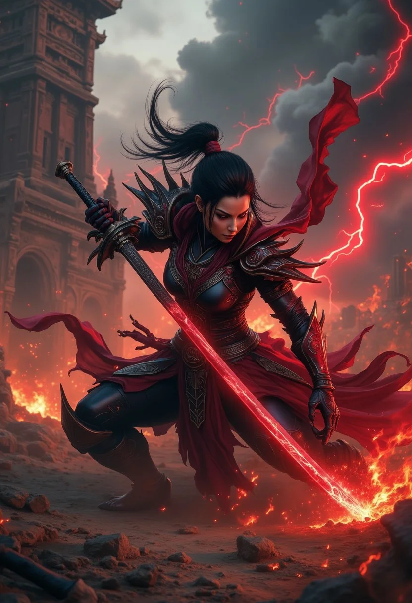 high detail,masterpiece,4K resolution, sharp, anime illustration of a Spawn cinematic Action Scene of a woman. she is looking like Mulan. her traditional warrior armor has been transformed into dark, metallic red and black armor that fuses with Spawn’s iconic look. Her sword is now covered in glowing runes, and her armor is enhanced with spiked shoulder pads and clawed gauntlets. Her hair is loosely tied back, but with streaks of glowing crimson running through it. she is crouched low, mid-battle, with her sword raised and ready to strike. Black energy swirls around her. Her expression is intense, showing her fearless warrior spirit as she prepares for combat.A burning battlefield with ruins of an ancient palace behind her. The ground is littered with broken weapons and smoldering fires. Dark, smoky clouds hang low in the sky, illuminated by flashes of red lightning, creating a sense of chaos and destruction in the scene