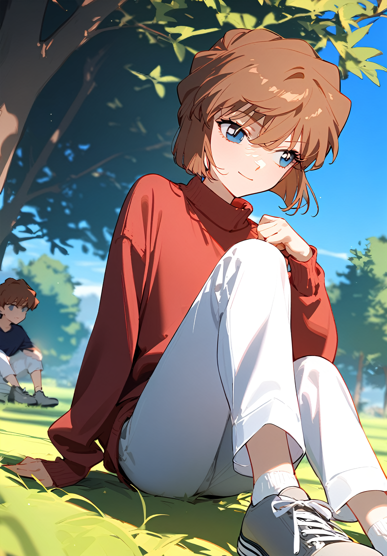 1girl, 
haibara ai, meitantei conan, 
arm support, short hair, socks, hair between eyes, blurry, solo, tree, outdoors, no pupils, sky, white socks, pants, depth of field, closed mouth, long sleeves, blue eyes, on ground, blurry foreground, shirt, grey footwear, white pants, light smile, blue sky, red sweater, day, sitting, sweater, shoes, grass, looking to the side, brown hair, 
masterpiece, newest, absurdres, safe
 <lora:2080ti_ag31_haibara_ai-000011:1> <lora:a31_style_koni:1>