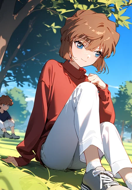 1girl,
haibara ai, meitantei conan,
arm support, short hair, socks, hair between eyes, blurry, solo, tree, outdoors, no pupils, sky, white socks, pants, depth of field, closed mouth, long sleeves, blue eyes, on ground, blurry foreground, shirt, grey footwear, white pants, light smile, blue sky, red sweater, day, sitting, sweater, shoes, grass, looking to the side, brown hair,
masterpiece, newest, absurdres, safe
<lora:2080ti_ag31_haibara_ai-000011:1> <lora:a31_style_koni:1>
