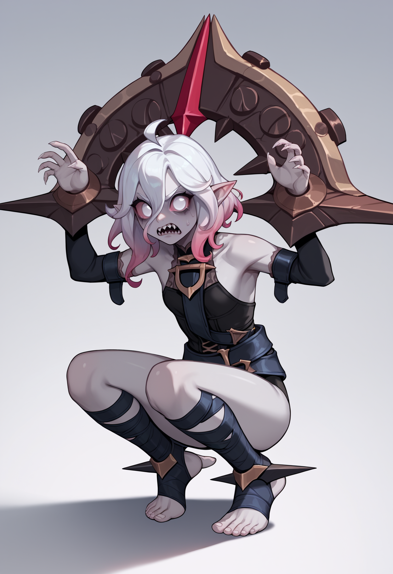 score_9, score_8_up, score_7_up, score_6_up, score_5_up, score_4_up, BREAK, source_anime,
1girl, briar, white eyes, colored sclera, white hair, gradient hair, short hair, hair between eyes, ahoge, pointy ears, sharp teeth, grey skin,
squatting, angry, chained, black leotard, stirrup stockings, simple background    <lora:BriarXL:1>
