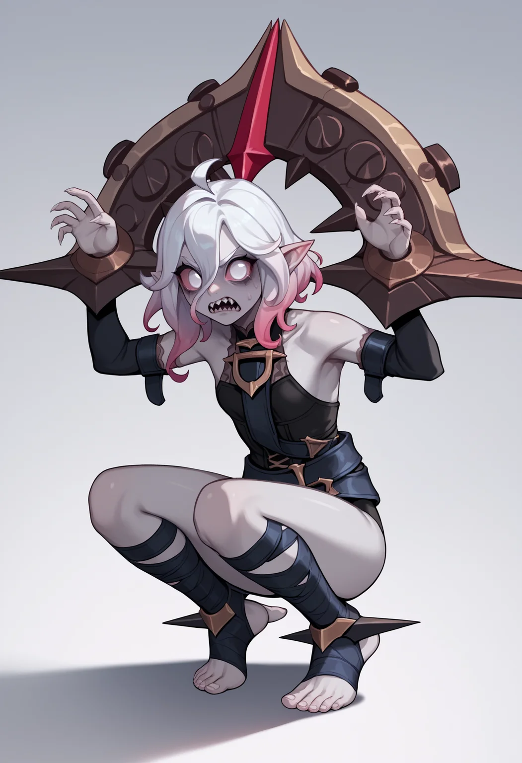 score_9, score_8_up, score_7_up, score_6_up, score_5_up, score_4_up, BREAK, source_anime,
1girl, briar, white eyes, colored sclera, white hair, gradient hair, short hair, hair between eyes, ahoge, pointy ears, sharp teeth, grey skin,
squatting, angry, chained, black leotard, stirrup stockings, simple background    <lora:BriarXL:1>