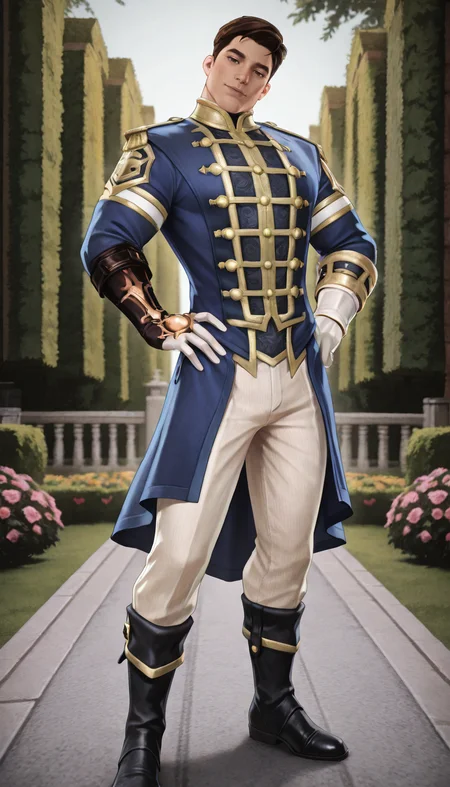 masterpiece,best quality,absurdres,newest,perfect quality,best quality,absolutely eye-catching,detailed background,intricate details,male focus,solo,<lora:Fable 3 - Hero - Illustrious-000006:0.8>,f3hero,1boy,hort hair,brown hair,brown eyes,regal blue coat,short coat,white gloves,striped white pants,black boots,hands on own hips,head tilt,seductive look,outdoors,garden,magic fingerless gauntlet,