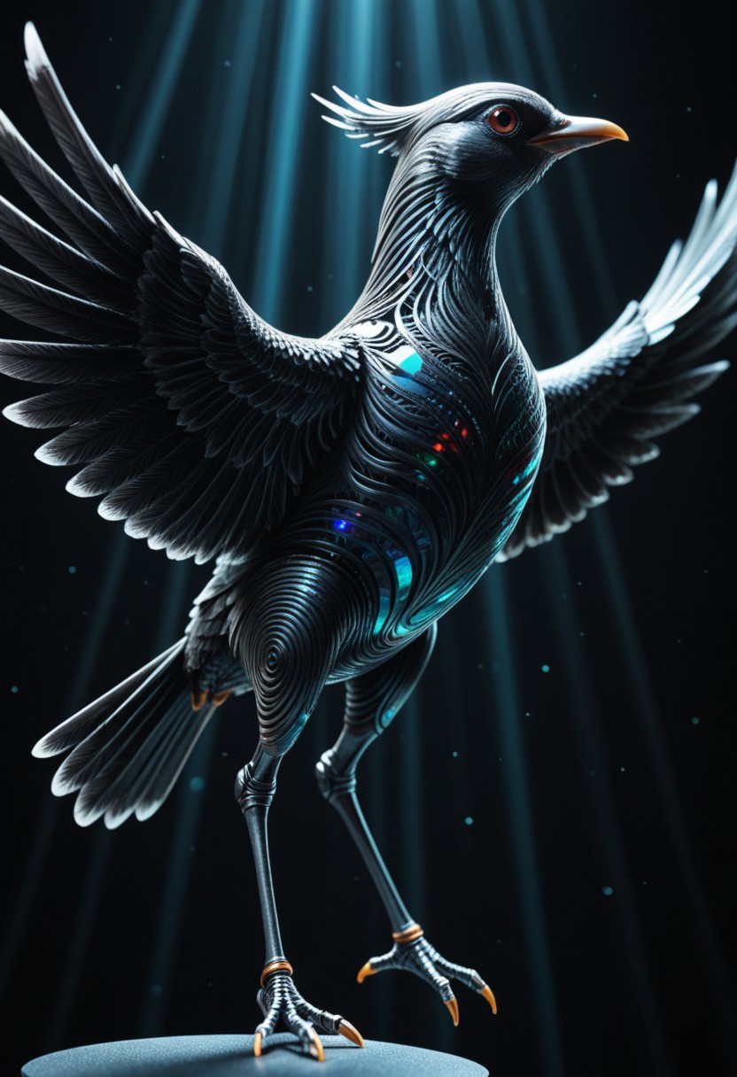 masterpiece, best quality, high resolution, absurdres, ultra-detailed, intricate details, ultra detailed, 8k, highly detailed, very aesthetic, professional 4k, Canon 5d mark 4, extremely detailed, very_detailed, high_detail, sharp focus, clean lines, perfect anatomy, realistic style, 
abstract filigree openwork black cast iron bird figure made out of fractangles with wavy metal swirl, fully transparent, cyberpunk background, ral-mndlbrt, ral-drptpl, Fractangles
film grain, cinematic, colorful, moody lighting, natural light, soft light, depth of field, bokeh, light particles, backlight, chiaroscuro, refraction, subsurface scattering