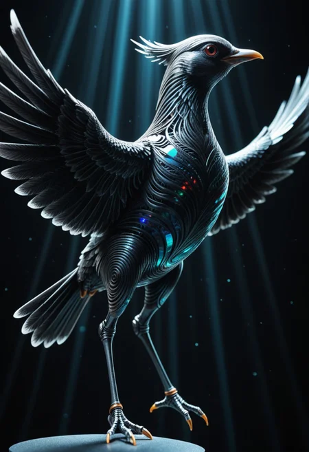 masterpiece, best quality, high resolution, absurdres, ultra-detailed, intricate details, ultra detailed, 8k, highly detailed, very aesthetic, professional 4k, Canon 5d mark 4, extremely detailed, very_detailed, high_detail, sharp focus, clean lines, perfect anatomy, realistic style, 
abstract filigree openwork black cast iron bird figure made out of fractangles with wavy metal swirl, fully transparent, cyberpunk background, ral-mndlbrt, ral-drptpl, Fractangles
film grain, cinematic, colorful, moody lighting, natural light, soft light, depth of field, bokeh, light particles, backlight, chiaroscuro, refraction, subsurface scattering
