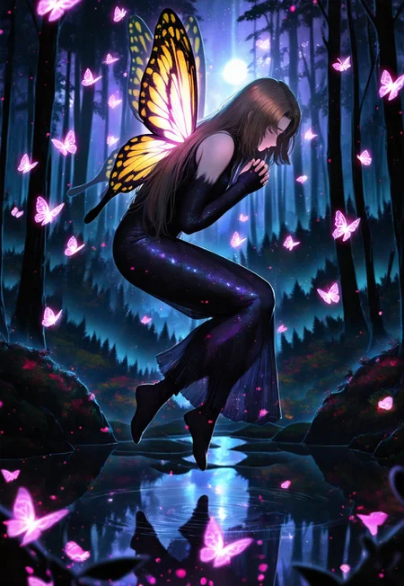 masterpiece, best quality, very awa, absurdres, amazing quality, solo,very aesthetic,absurdres, (wlop:0.6), (guweiz:0.3), (haku (muc12b):0.7),  nature scenery, forest lake, moonlight reflection, particles, glowing butterflies, luminous background, nature, scenery BREAK rodya, brown hair, very long hair, parted bangs, fairy clothing, butterfly wings, praying, closed eyes, leaning forward, flying, in air, magical, magic effect, cinematic shot,dynamic pose, purple lighting, model pose, from side,

dynamic light, vibrant colors, textured surfaces, depth of field,  dramatic shadows, rich details, nature-inspired color palette, playful composition. dynamic light,background, luminescent colors,