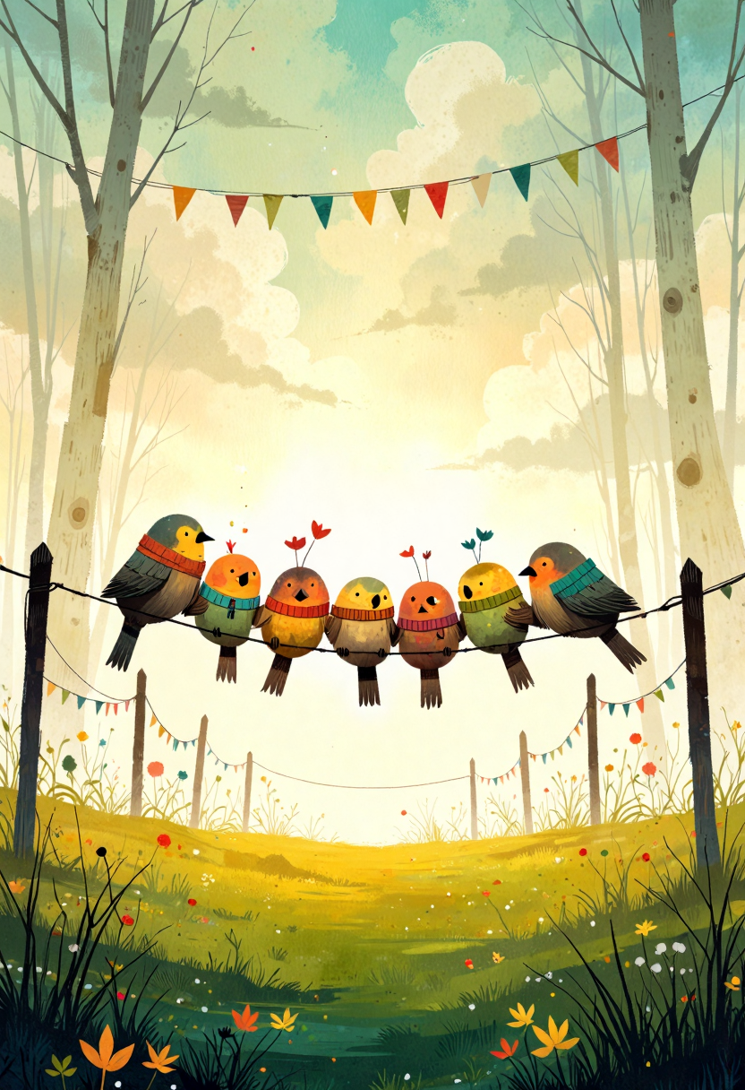 ppstorybook,A group of chattering birds wearing tiny scarves, sitting on a string of colorful bunting in a sunlit meadow, surrounded by soft clouds and swirling winds, depicted in a bright, joyful, and whimsical art style with playful lines.