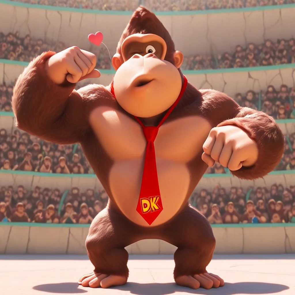 Amazing quality, best quality, D0nkey_kong, Gorilla, Brown fur, Red necktie, Full body, Muscle, flexing, blowing Kiss, winking, open eye, bust shot, pecs, realistic, detailed