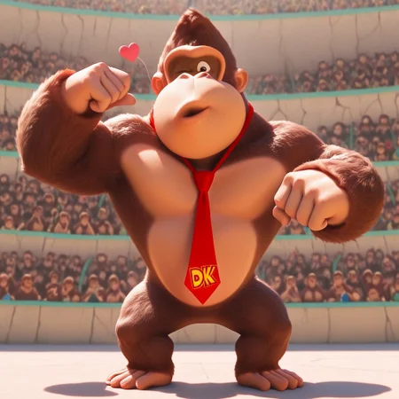Amazing quality, best quality, D0nkey_kong, Gorilla, Brown fur, Red necktie, Full body, Muscle, flexing, blowing Kiss, winking, open eye, bust shot, pecs, realistic, detailed