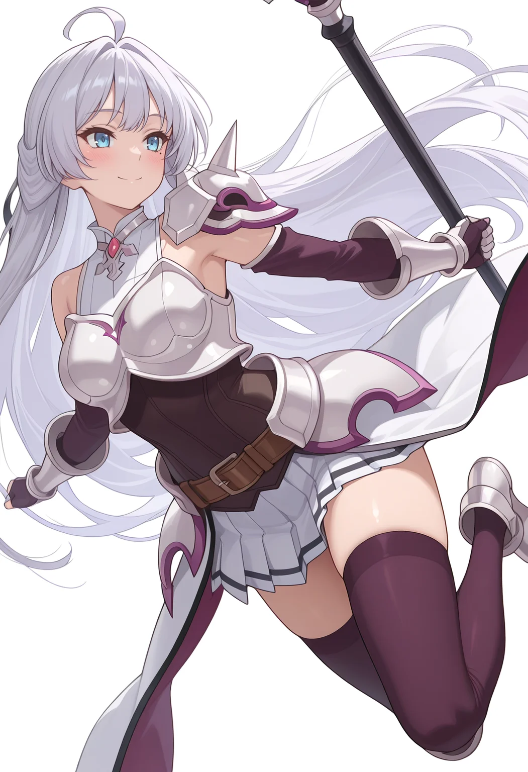 Smooth Quality,masterpiece,very intricate, high quality details, ultra realistic, high detailed skin,detailed enviorement,absurdres,
simple background, white background,
dynamic angle,blush,jumping, arms open, legs bent, smiling, midair, ,
{sword| staff}
<lora:Crylet_Kureha_cnn:0.8>kurehacnn,1girl,bangs, blue eyes, ahoge, mole, bare shoulders, grey hair, very long hair,armor, skirt, thighhighs, detached sleeves, breastplate, belt, shoulder armor, gauntlets,