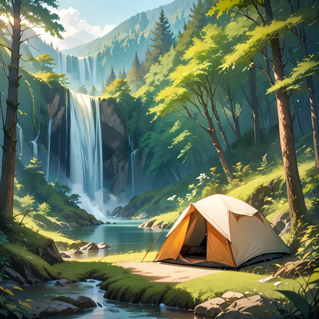 hyperrealistic art cinematic film still score_9, score_8_up, score_7_up,source_anime, <lora:Camping:0.7> cabpbb, camping, tent, scenery, forest, waterfall, river . shallow depth of field, vignette, highly detailed, high budget, bokeh, cinemascope, moody, epic, gorgeous, film grain, grainy . extremely high-resolution details, photographic, realism pushed to extreme, fine texture, incredibly lifelike