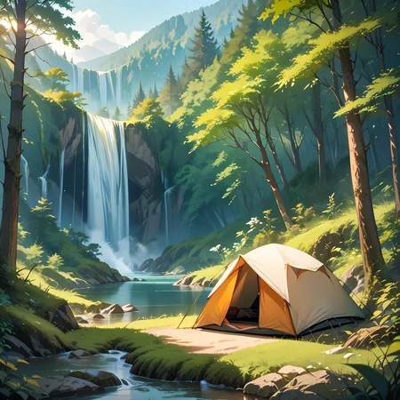 hyperrealistic art cinematic film still score_9, score_8_up, score_7_up,source_anime, <lora:Camping:0.7> cabpbb, camping, tent, scenery, forest, waterfall, river . shallow depth of field, vignette, highly detailed, high budget, bokeh, cinemascope, moody, epic, gorgeous, film grain, grainy . extremely high-resolution details, photographic, realism pushed to extreme, fine texture, incredibly lifelike
