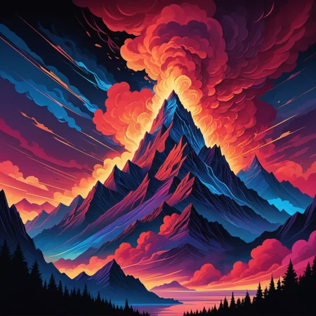 a painting of asymmetrical fire clouds in the dark with light coming from the top and the vanishing point to the right edge. A vibrant, abstract illustration featuring swirling, oversized asymmetrical fire smoke-like-clouds against a gradient background of red hues. The fire smoke appear layered and textured, with subtle highlights and shadows that create depth. Asymmetrical mountain on the bottom to one side. The composition conveys a sense of a dark prophetic future merging with a scary, evil sky. vector design, colorful, posterized color illustration in the style of dan mumford, vintage, retro, psychedelic, intricate fantasy painting, blue tints, soft light 4 k, dan mumford artwork, focus point on the right.