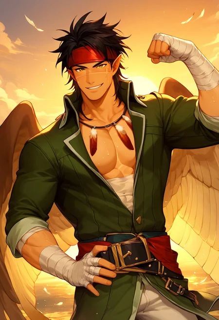 (((score_9_up, score_8_up, score_7_up, best quality, amazing quality, best aesthetic, perfect eyes))),1boy, solo, TibarnFE, black hair, yellow eyes, pointy ears, scar on face, black hair, red headband, feathered wings, green jacket, open jacket, belt, white pants, waist up, feather necklace, bandages, one hand on waist, flexing one bicep, sweaty, flushed, smile, both eyes open, outside, sunset, muscular male, large pectorals, expressiveh
