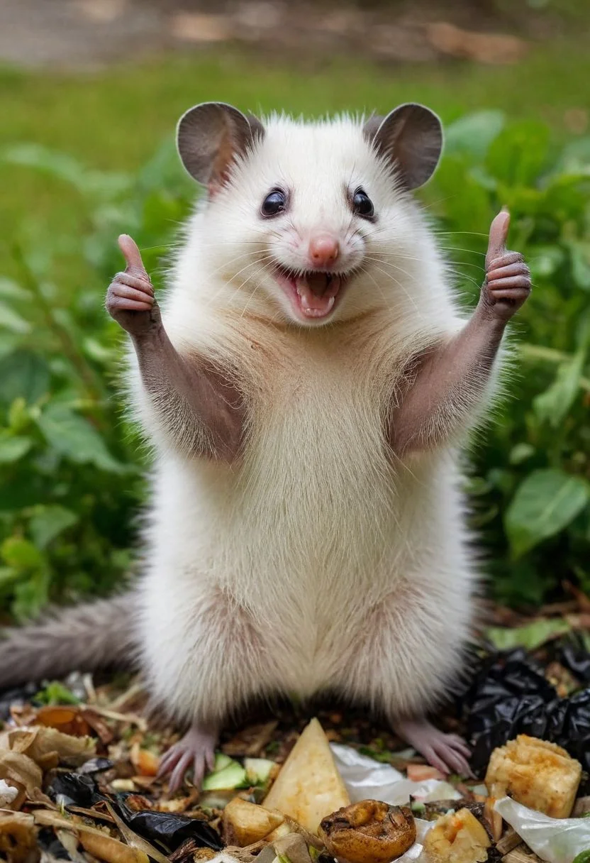 Closeup, thumb-up, a cute fluffy opossum in the middle of a hoarder's front garden full of garbage and food scraps, the opossum in the middle of the garbage is (happy:1.6) and (laughs into the camera:1.9), Victory sign pose,
very detailed, hd, RAW photograph, masterpiece, top quality, best quality, official art,highest detailed, atmospheric lighting, cinematic composition, complex multiple subjects, 4k HDR, vibrant, highly detailed, Leica Q2 with Summilux 35mm f/1.2 ASPH, Ultra High Resolution, wallpaper, 8K, Rich texture details, hyper detailed, detailed eyes, detailed background, dramatic angle, epic composition, high quality , (8k, RAW photo, highest quality), hyperrealistic,