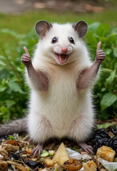 Closeup, thumb-up, a cute fluffy opossum in the middle of a hoarder's front garden full of garbage and food scraps, the opossum in the middle of the garbage is (happy:1.6) and (laughs into the camera:1.9), Victory sign pose,
very detailed, hd, RAW photograph, masterpiece, top quality, best quality, official art,highest detailed, atmospheric lighting, cinematic composition, complex multiple subjects, 4k HDR, vibrant, highly detailed, Leica Q2 with Summilux 35mm f/1.2 ASPH, Ultra High Resolution, wallpaper, 8K, Rich texture details, hyper detailed, detailed eyes, detailed background, dramatic angle, epic composition, high quality , (8k, RAW photo, highest quality), hyperrealistic,